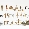 Traditional Agricultural Equipment Handmade Models of Farm Tools with Scarecrows Wheelbarrows and Wooden Buckets