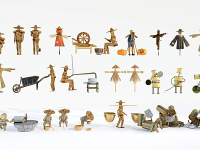 Traditional Agricultural Equipment Handmade Models of Farm Tools with Scarecrows Wheelbarrows and Wooden Buckets 3d model