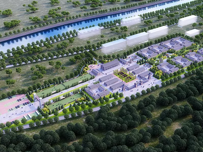 Aerial Master Planning of Integrated Complex with Riverfront Lush Greenery and Open Spaces 3d model