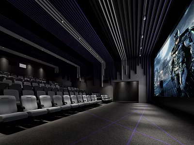 Modern Cinema Interior With Comfortable Seats Large Screen And Contemporary Lighting Design 3d model