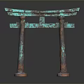 Traditional Torii Gate Structure With Turquoise Copper Patina And Rusted Columns