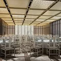 Modern Luxury Banquet Hall Interior With Round Tables White Chairs Perforated Ceiling And Long Windows