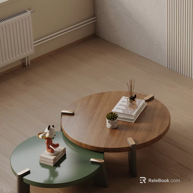 Modern Sofa And Coffee Table Set With Round Wooden Table Green Side Table And Decorative Items 3d model