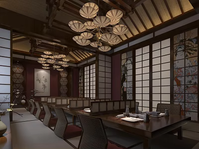Traditional Japanese Restaurant Interior With Shoji Doors Wooden Ceiling Long Dining Table And Chandeliers 3d model