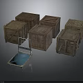 Industrial Wooden Crates and Metal Hand Truck with Blue Platform in Storage