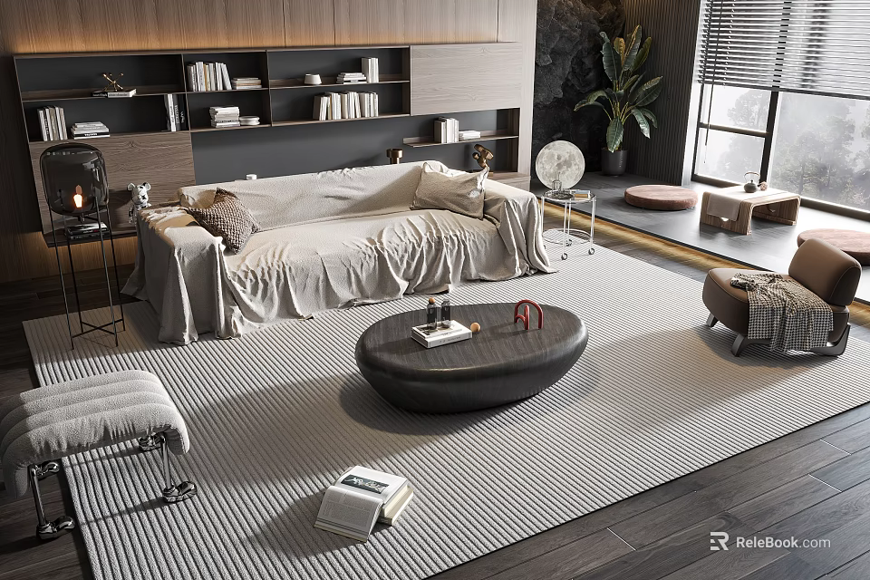 Modern Living Room Beige Fabric Sofa And Round Wooden Coffee Table Set With Striped Rug 3d model 