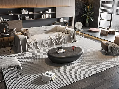 Modern Living Room Beige Fabric Sofa And Round Wooden Coffee Table Set With Striped Rug 3d model