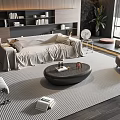 Modern Living Room Beige Fabric Sofa And Round Wooden Coffee Table Set With Striped Rug
