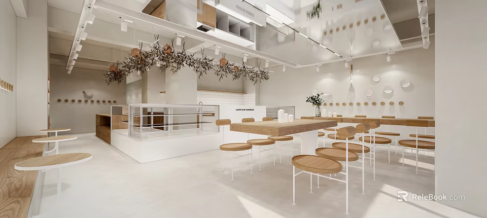 Modern Dessert Shop Interior with Bright Lighting Wooden Tables and Cozy Seating Area 3d model 