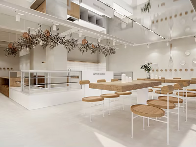 Modern Dessert Shop Interior with Bright Lighting Wooden Tables and Cozy Seating Area 3d model