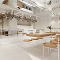Modern Dessert Shop Interior with Bright Lighting Wooden Tables and Cozy Seating Area