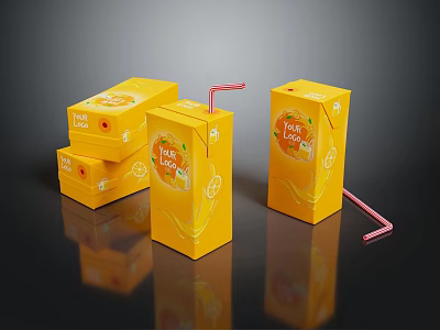 Fresh Orange Juice Cartons With Straw In Bright Orange Packaging Design 3d model