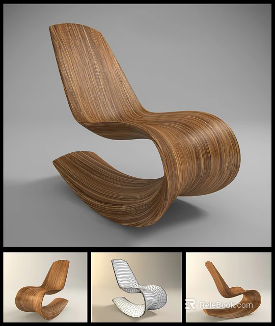 Modern Wooden Leisure Chair with Curved Design and Natural Wood Grain 3d model 