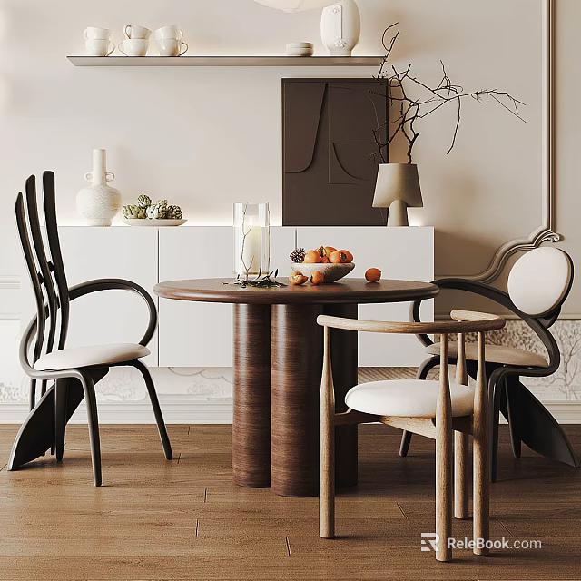 Stylish Dining Table Set With Round Wooden Table White Cushion Chairs And Decorative Cabinets 3d model 