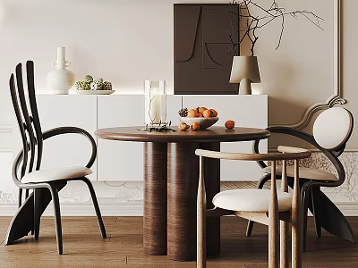 Stylish Dining Table Set With Round Wooden Table White Cushion Chairs And Decorative Cabinets 3d model