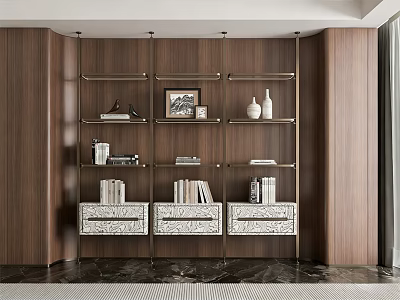 Modern Bookshelf Design With Metal Frame Wooden Panels Books And Decorative Items 3d model