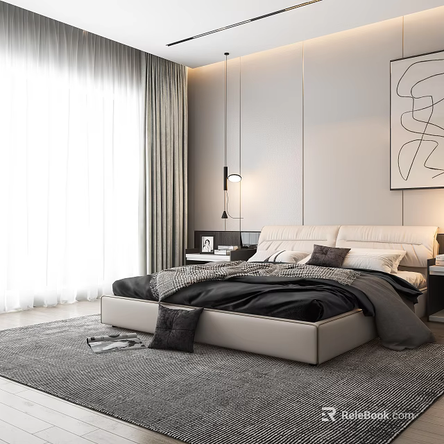 Modern Bedroom Double Bed With Upholstered Headboard Light Gray Wall Abstract Painting Curtains Bright Lighting 3d model 