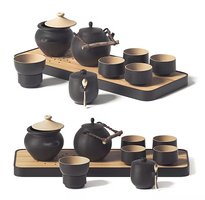Elegant Black Ceramic Tea Set With Teapot Teacups And Wooden Serving Tray 3d model