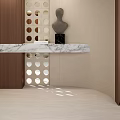 Modern Entryway Hallway With Wooden Panel Circular Hole Partition Marble Countertop And Sculpture Decor