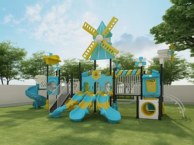 Outdoor Playground Equipment With Colorful Slides Windmill Climbing Frame And Swings For Kids Fun Activities 3d model