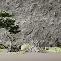 Unique Shaped Pine Tree Garden Ornament With Rocks Moss And Gray Stone Wall 3d model