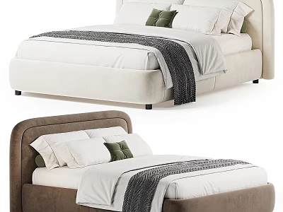 Beige and Brown Modern Upholstered Double Beds with White Sheets Gray Blanket and Green Pillows 3d model