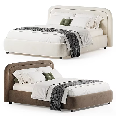 Beige and Brown Modern Upholstered Double Beds with White Sheets Gray Blanket and Green Pillows 3d model