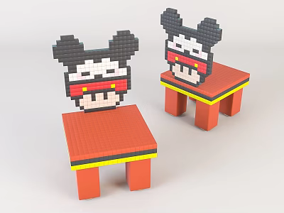Pixel Art Mickey Mouse Themed Stools Featuring Red Seats And Yellow Borders 3d model