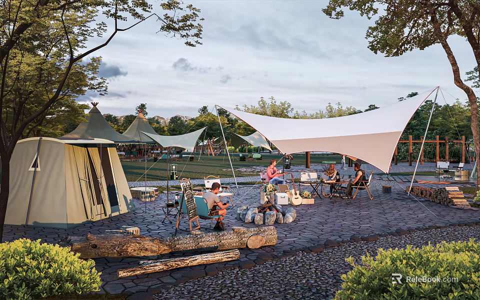 Garden Landscape Featuring Outdoor Dining Area Tents Canopy Trees Stone Pavement and Logs 3d model 