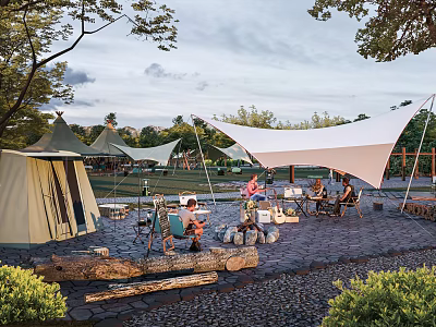 Garden Landscape Featuring Outdoor Dining Area Tents Canopy Trees Stone Pavement and Logs 3d model
