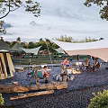 Garden Landscape Featuring Outdoor Dining Area Tents Canopy Trees Stone Pavement and Logs