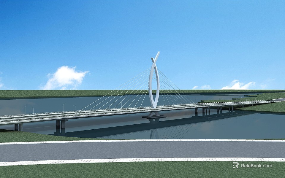 Modern Cable-Stayed Bridge With Unique White Tower Spanning Water Blue Sky White Clouds And Reflection 3d model 