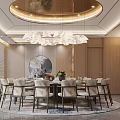 Elegant Modern Private Dining Room With Wooden Dining Table Chairs Chandelier Bookshelf And Decorative Painting