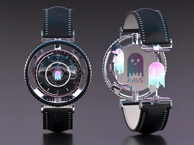 Stylish Modern Watches With Black Leather Straps Transparent Dials And Colorful Accents 3d model