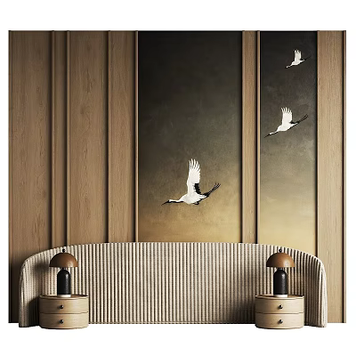 Elegant Bedroom Accent Wall With Wooden Paneling Crane Decorations And Bedhead Table Lamps 3d model