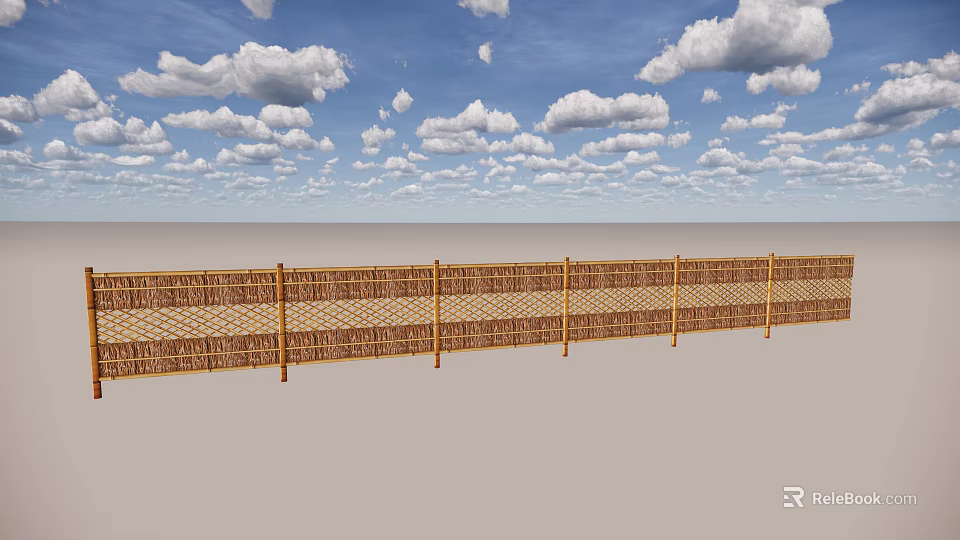 Natural Woven Bamboo Fence Under Blue Sky With White Clouds 3d model 