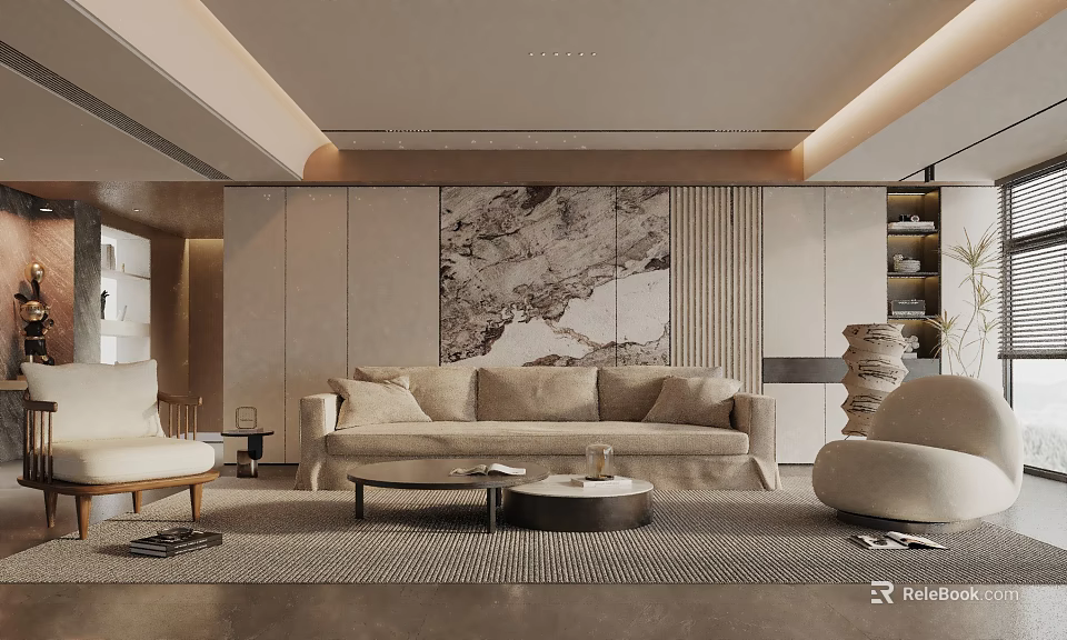 Modern Living Room Interior Design With Neutral Tones Linen Sofa And Abstract Wall Art 3d model 