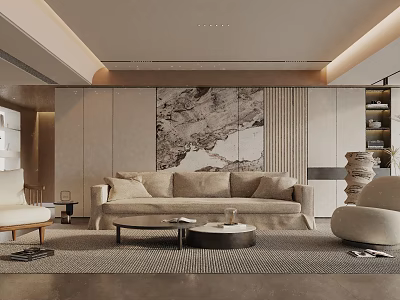 Modern Living Room Interior Design With Neutral Tones Linen Sofa And Abstract Wall Art 3d model