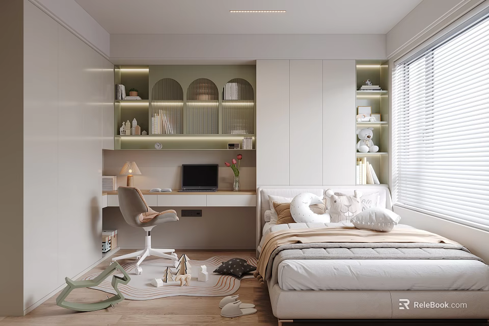 Modern Tatami Bedroom Interior With Tatami Bed Desk Storage And Window 3d model 
