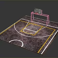 Small Indoor Basketball Court With Red Hoop And Yellow White Lines