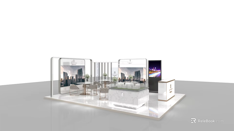 Modern Exhibition Booth Design With Glass Walls White Counter TV Screen And Furniture 3d model 