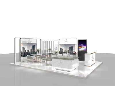 Modern Exhibition Booth Design With Glass Walls White Counter TV Screen And Furniture 3d model