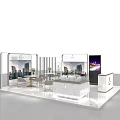 Modern Exhibition Booth Design With Glass Walls White Counter TV Screen And Furniture