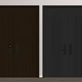 Dark Brown and Black Double Doors With Vertical Stripes Handles and Locks On Wooden Floor