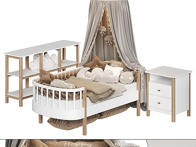 Cozy Double Bed in Background With Canopy Curtains Plush Pillows Wooden Nightstand and Shelf Unit 3d model