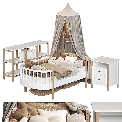 Cozy Double Bed in Background With Canopy Curtains Plush Pillows Wooden Nightstand and Shelf Unit 3d model