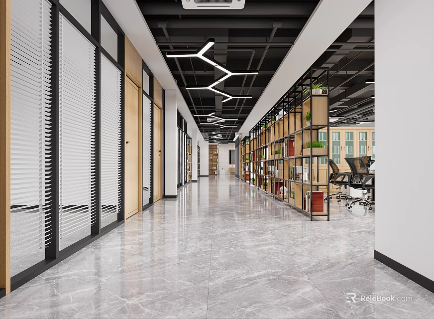 Modern Public Office Space With Glass Partitions Open Layout And Green Plants 3d model 