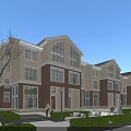 Modern Townhouse Exterior Design With Brick And Beige Facade Green Lawns And Trees