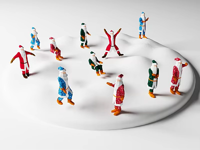 Santa Claus Men Dancing and Waving on White Snowy Platform with Various Colored Outfits 3d model