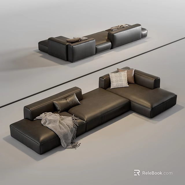 Modern L shaped Black Leather Sectional Sofa With Throw Pillows And Blanket 3d model